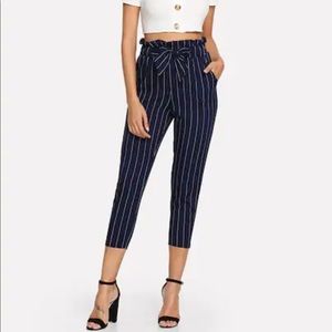 Pinstriped Ruffle-Waist Capri Pants